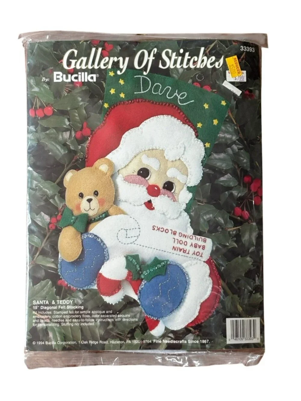 NIP Bucilla Gallery Of Stitches Felt Stocking Kit Santa & Teddy 33393 Vtg 1994